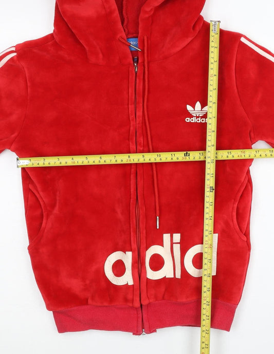 Adidas Womens Red Velour Full Zip Hoodie Sweatshirt Size M