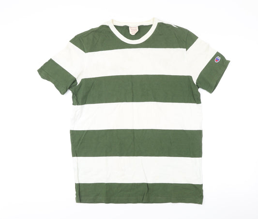 Champion Men's Green White Striped Crew Neck Cotton T-Shirt Size M