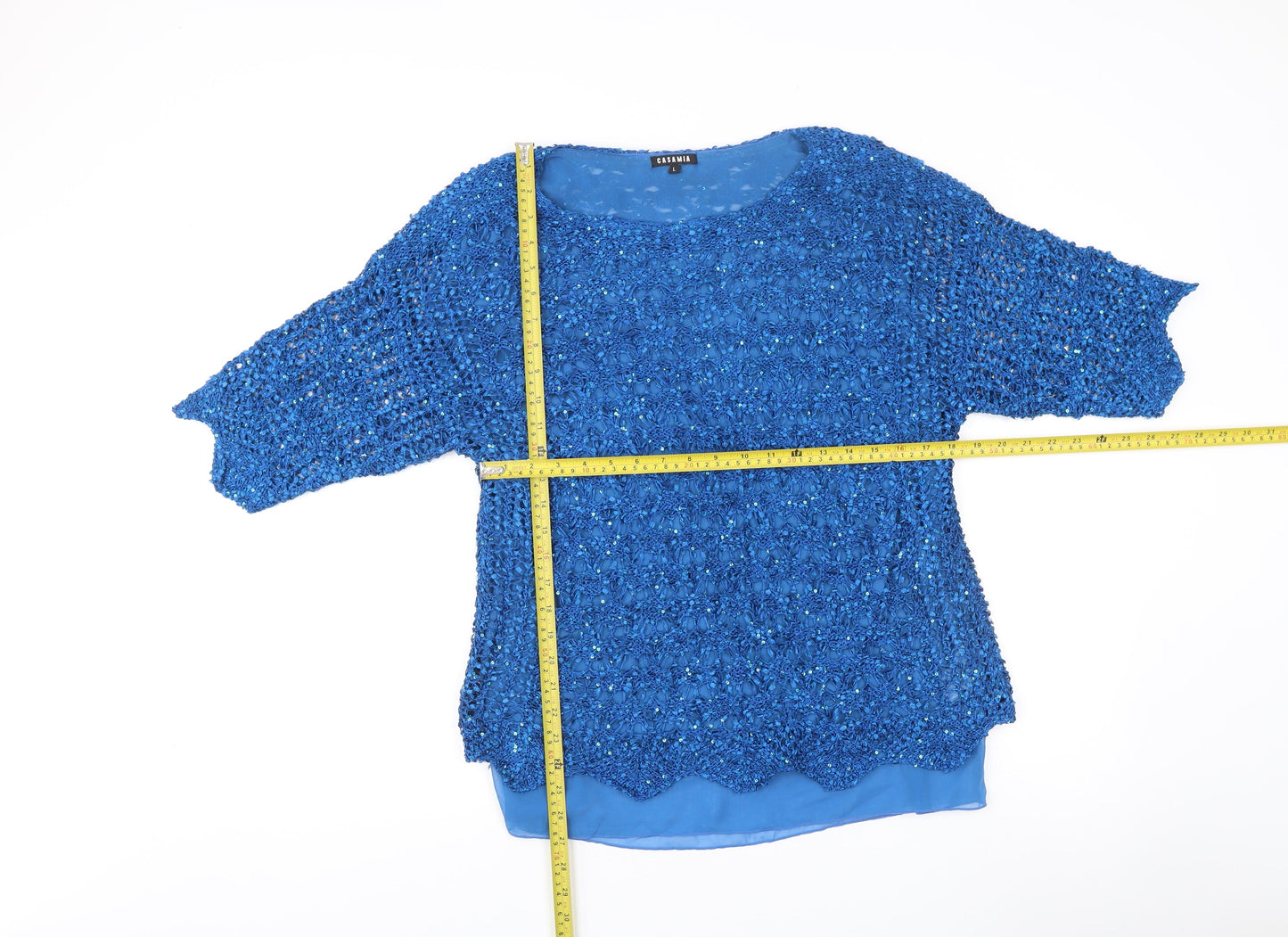 Casamia Women’s Blue Sequin Crochet Tunic Blouse Size L Party Top