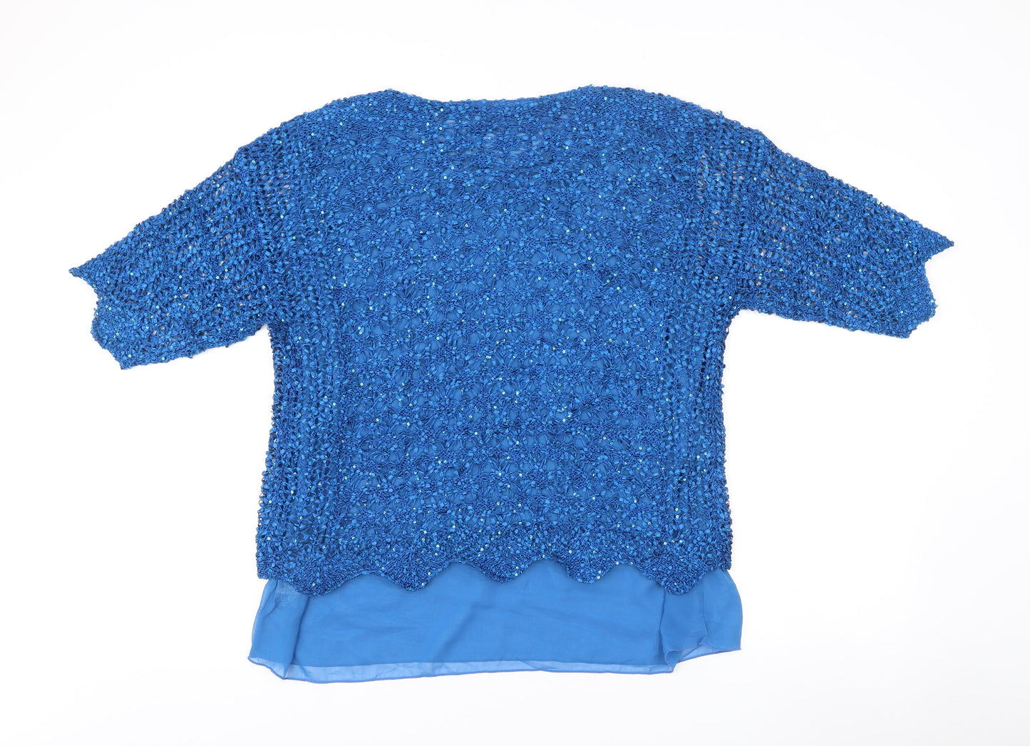 Casamia Women’s Blue Sequin Crochet Tunic Blouse Size L Party Top