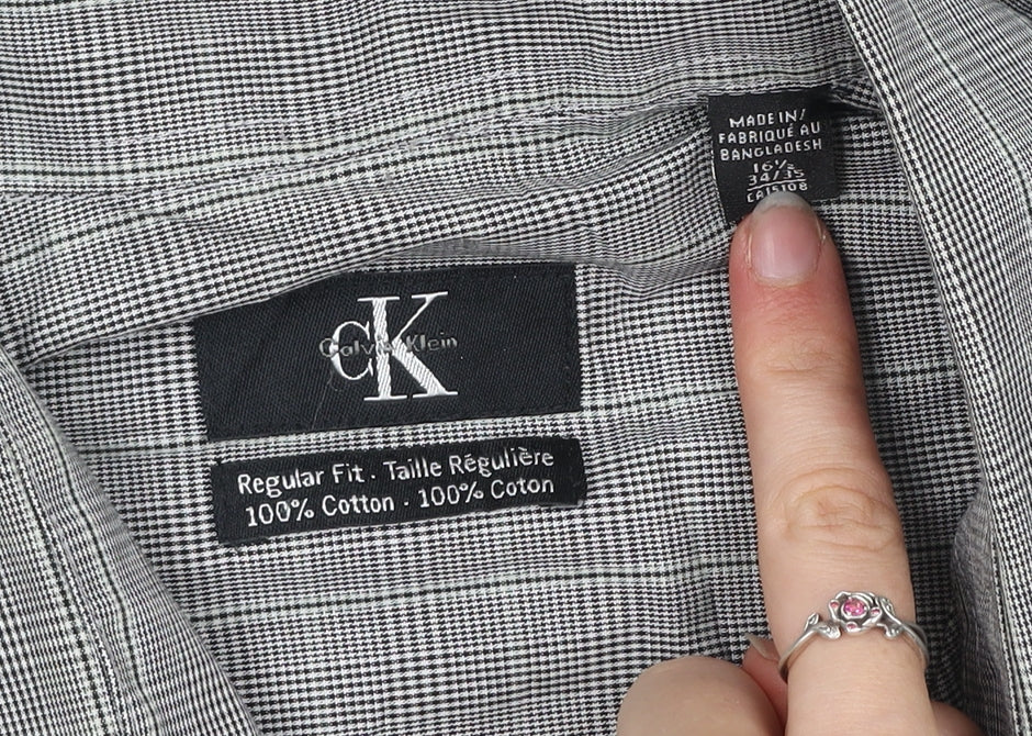 Calvin Klein Mens Grey Check Cotton Regular Fit Shirt Size 16