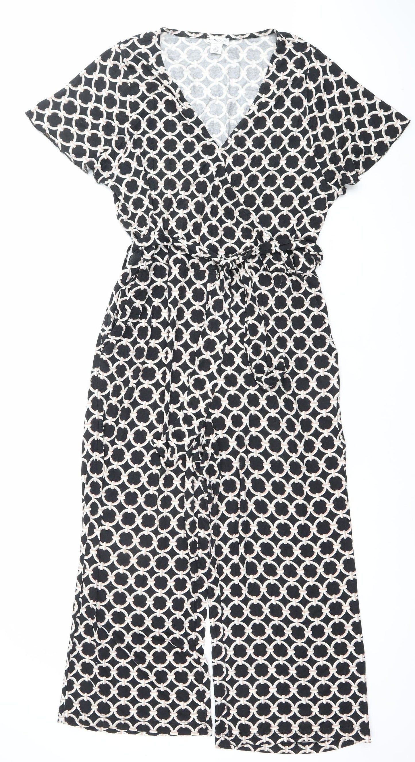 Principles Womens Black Geometric Jumpsuit Size 12 Wide Leg V-Neck
