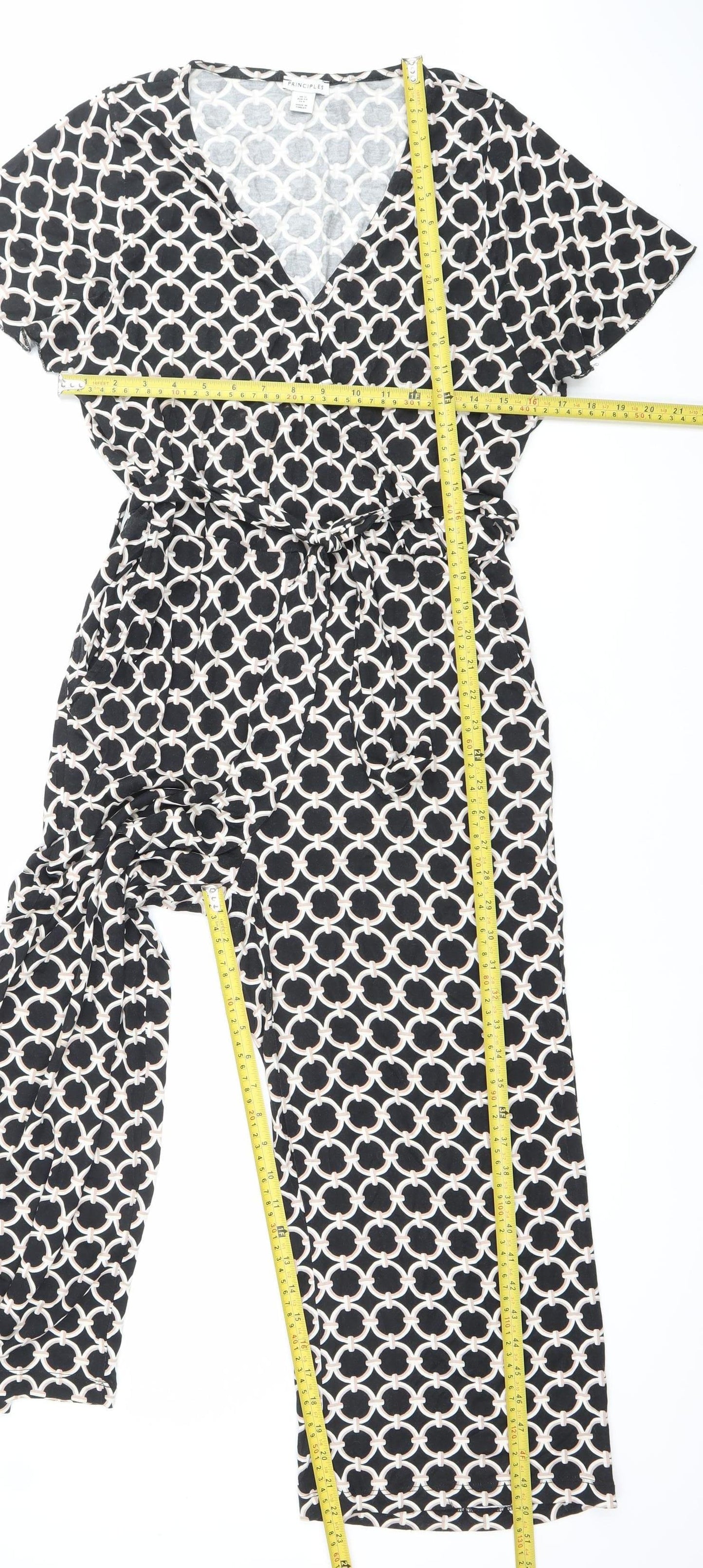 Principles Womens Black Geometric Jumpsuit Size 12 Wide Leg V-Neck