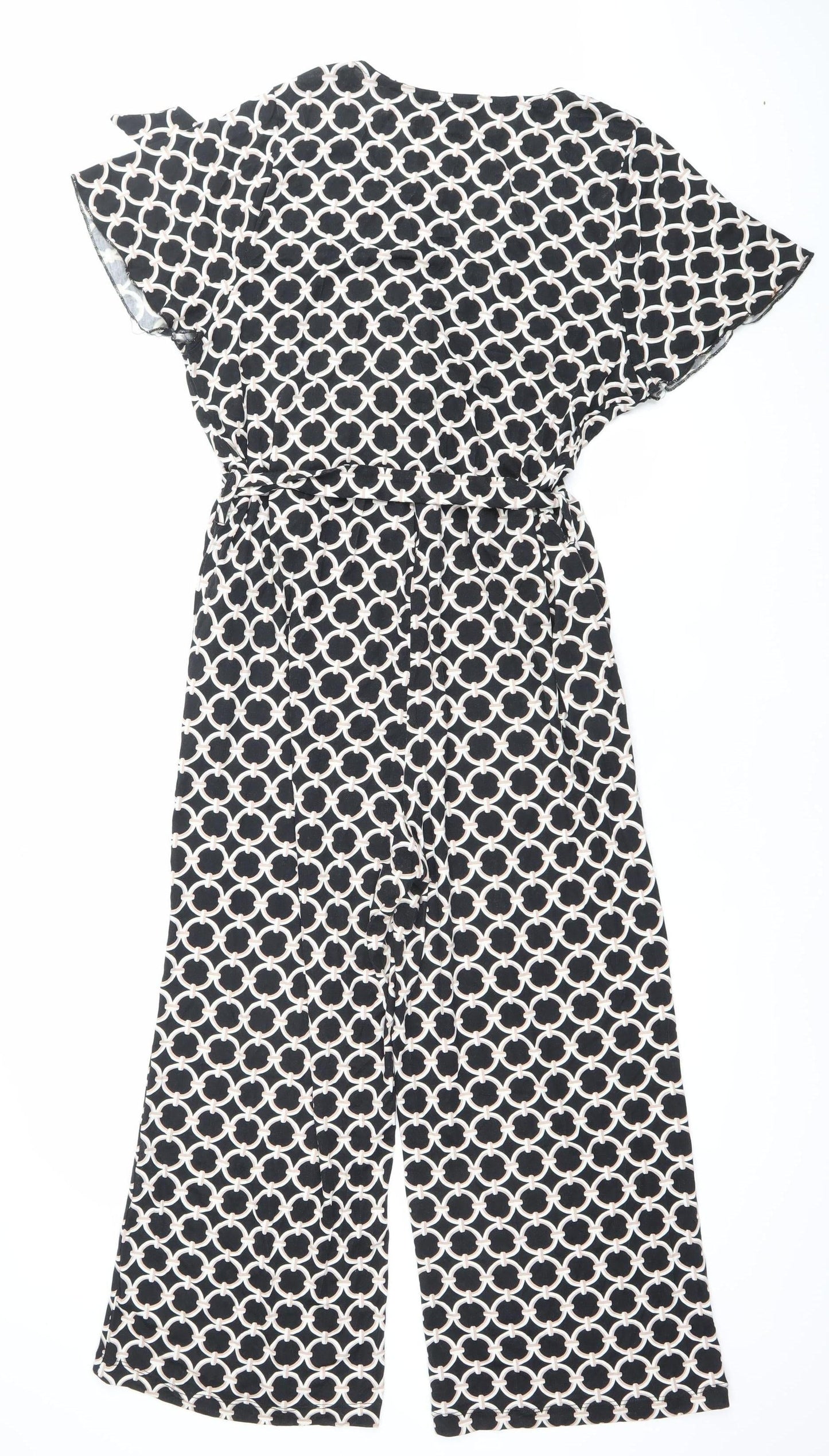 Principles Womens Black Geometric Jumpsuit Size 12 Wide Leg V-Neck