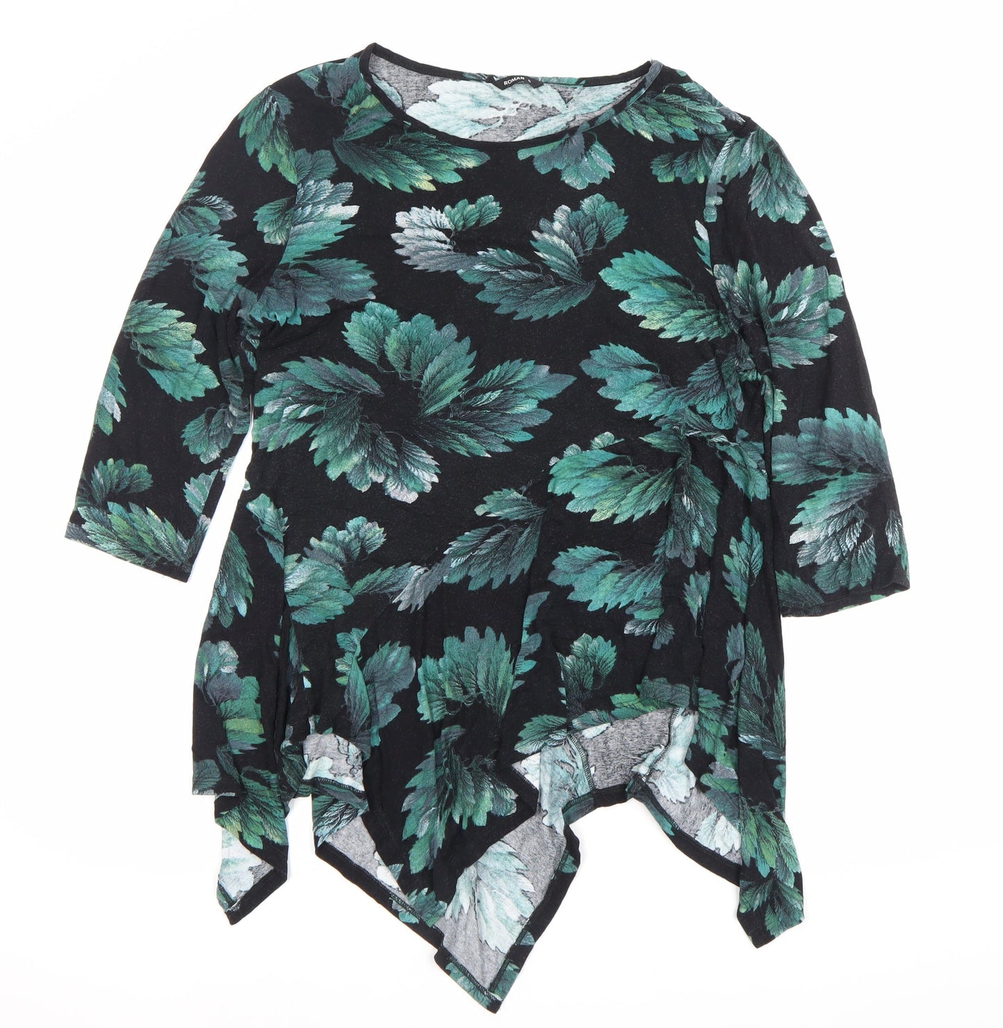 Roman Women’s Black Green Floral Tunic Blouse Size 16 3/4 Sleeve