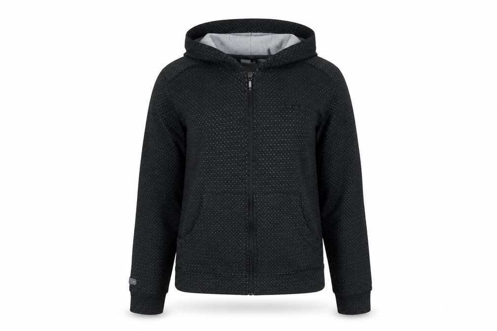 Front view of Adidas women’s black hoodie, size UK 8, full zip sports jacket