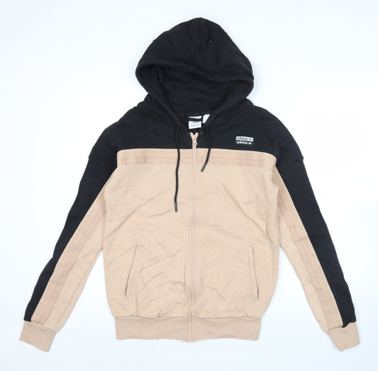 Adidas Womens Hoodie Beige Black Small Full Zip Cotton Sportswear