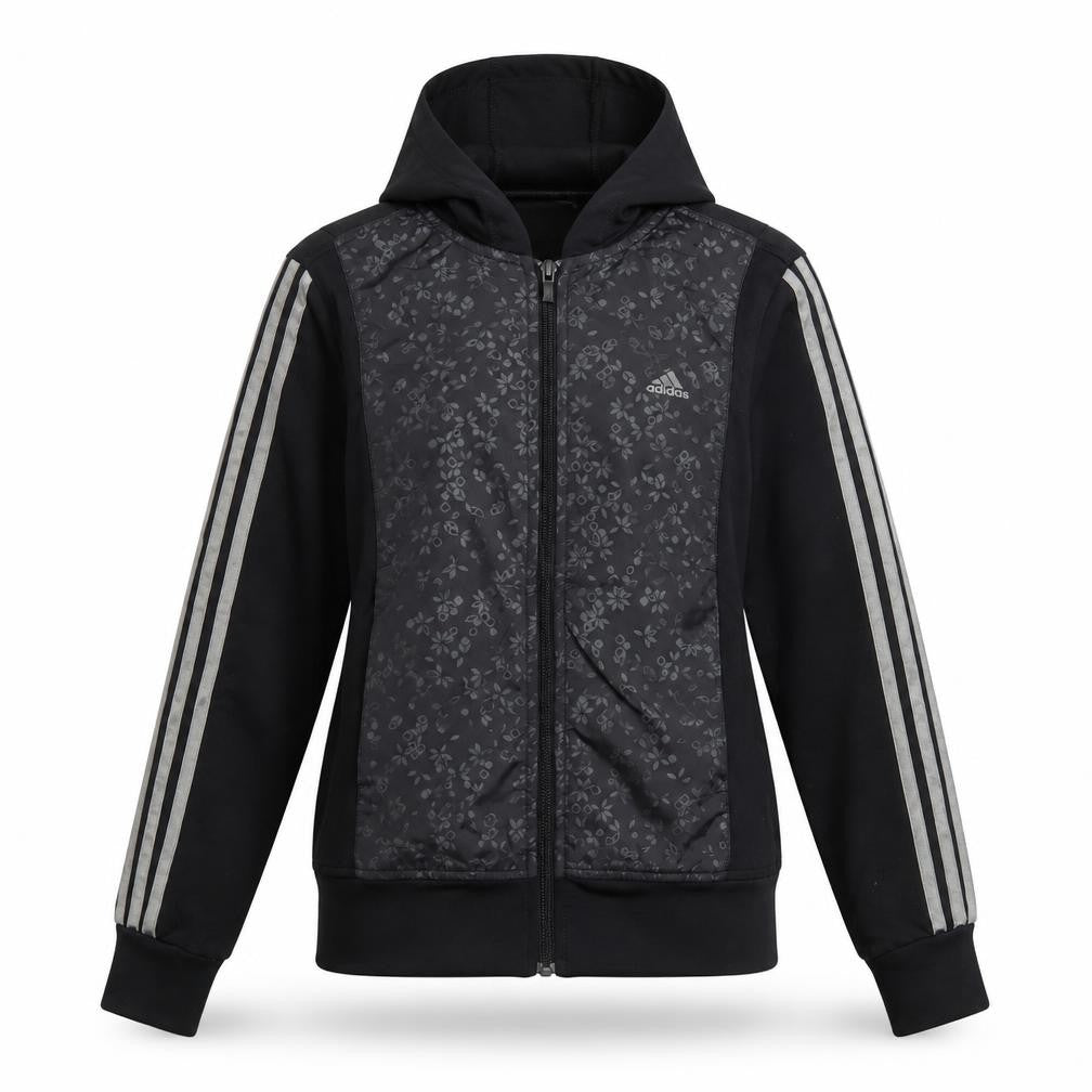 Front view of Adidas women’s black, size UK 6, full zip hooded sports hoodie jacket