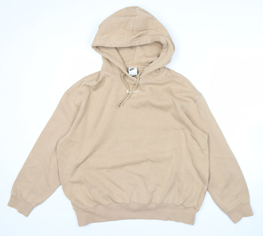 Nike Men Beige Pullover Hoodie L Regular Fit Fleece Logo