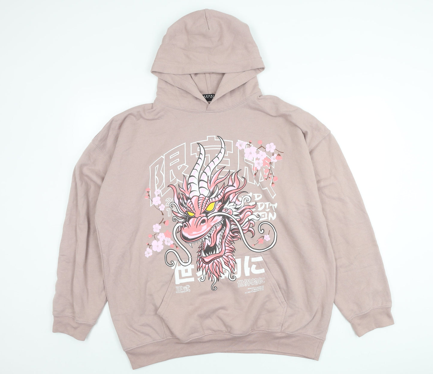 boohooMAN Men’s Pink Dragon Graphic Pullover Hoodie Size M