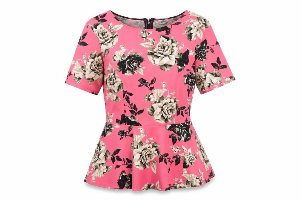 H&M Women’s Pink Floral Peplum Blouse Size 10 Short Sleeve