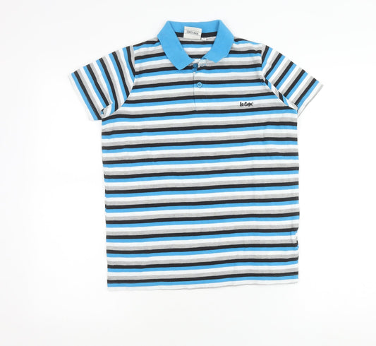 Lee Cooper Boys Blue Striped Polo Shirt 13 Years Short Sleeve Cotton Blend