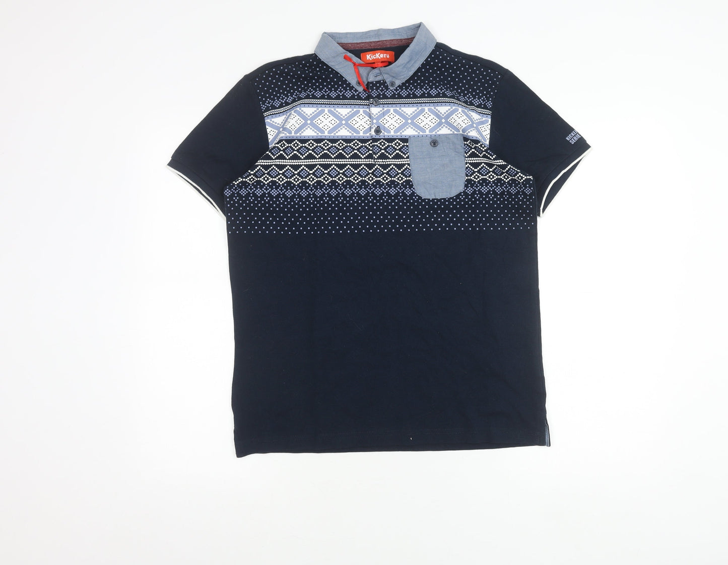 Kickers Boys Blue Polo Shirt 15 Years Geometric Pattern Short Sleeve