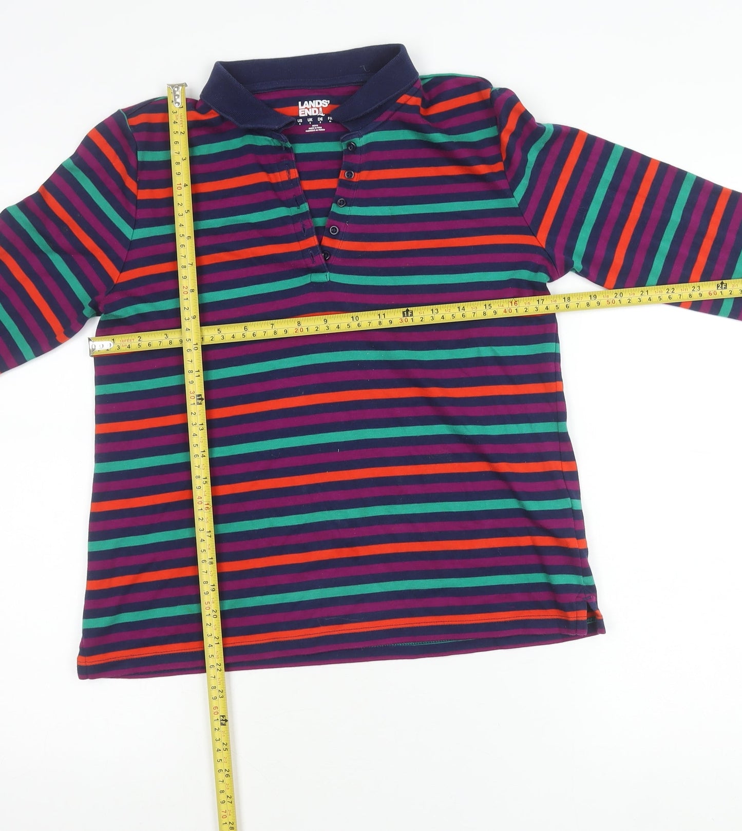 Lands' End Women Multicoloured Petite S Button-Up Jersey Cotton Top