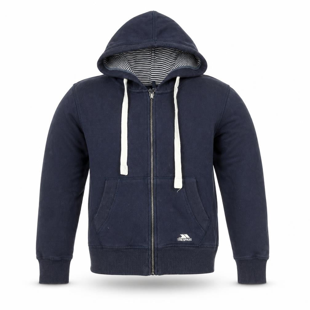 Front view of Trespass boys’ blue xxs full zip hooded jacket hoodie cotton blend