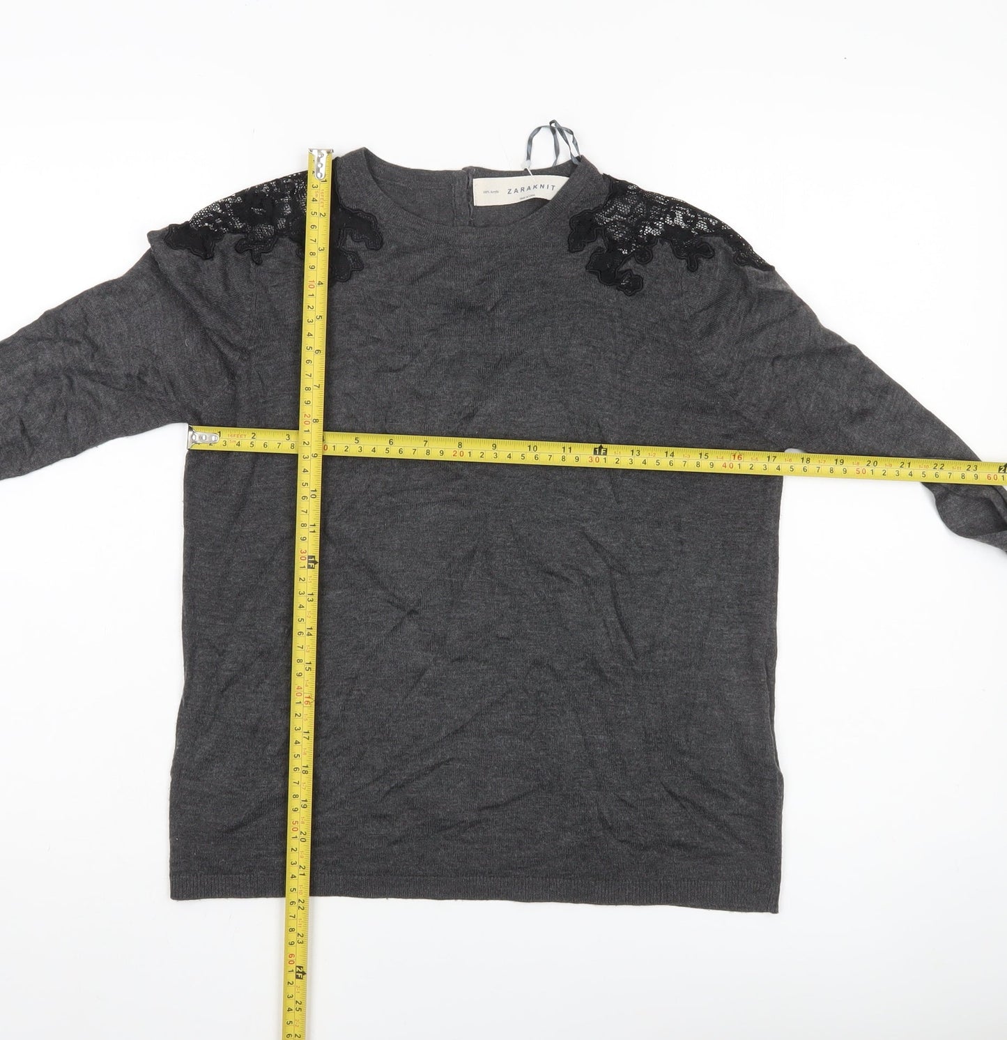 Zara Women Grey Jumper Size 14 Acrylic Knit Embroidered Pullover