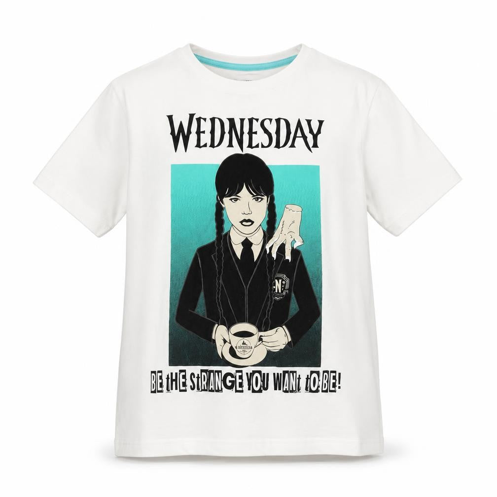 Front view of Wednesday girls’ white graphic t-shirt 11-12 years gothic casual tee