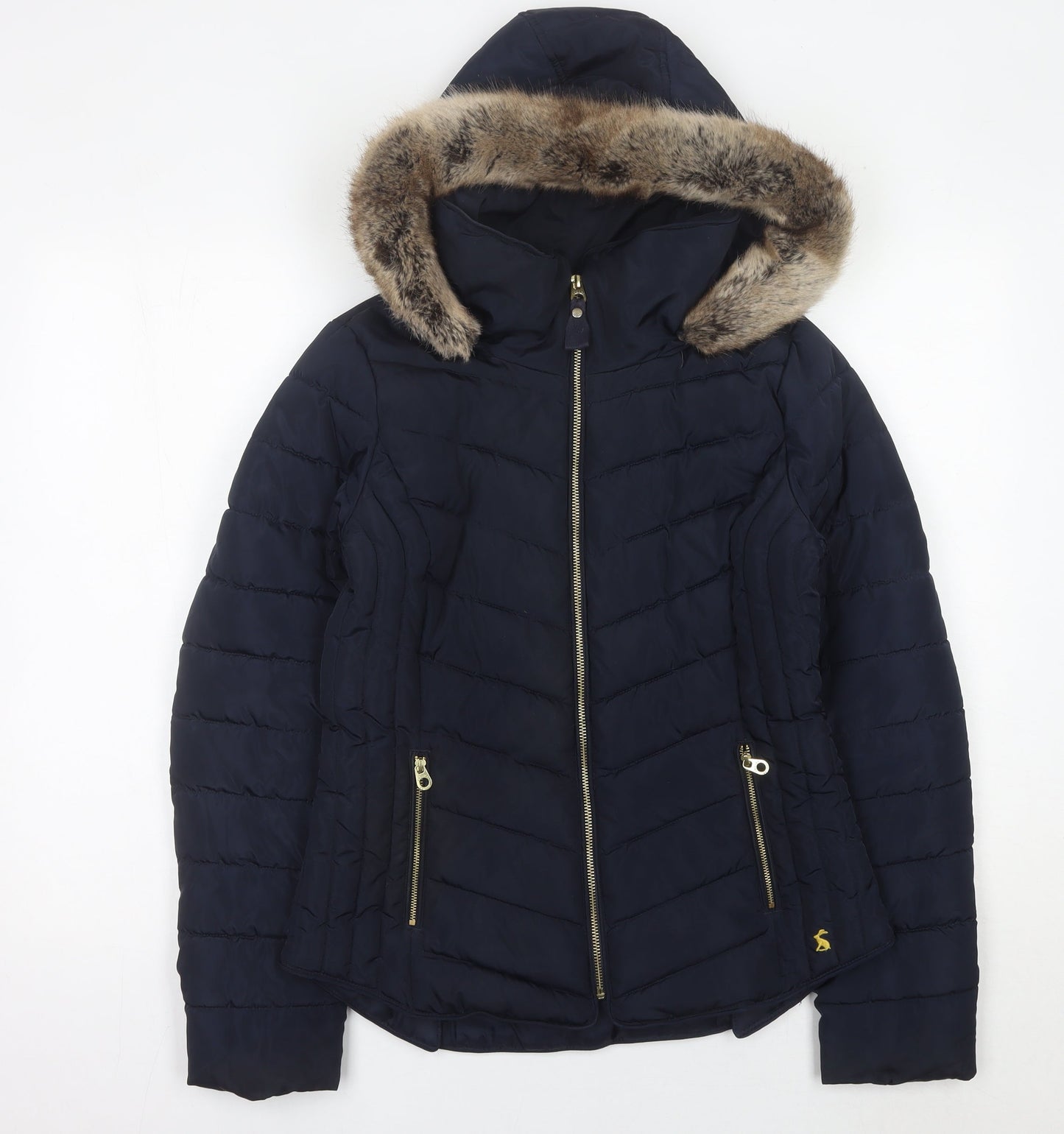 Joules Womens Blue Faux Fur Hood Puffer Jacket UK 10 Winter Coat