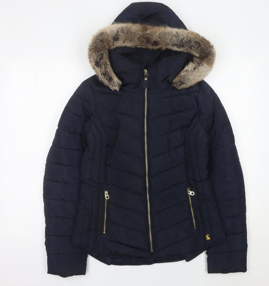 Joules Womens Blue Faux Fur Hood Puffer Jacket UK 10 Winter Coat