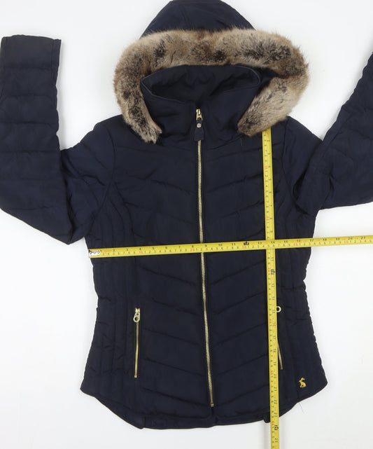 Joules Womens Blue Faux Fur Hood Puffer Jacket UK 10 Winter Coat