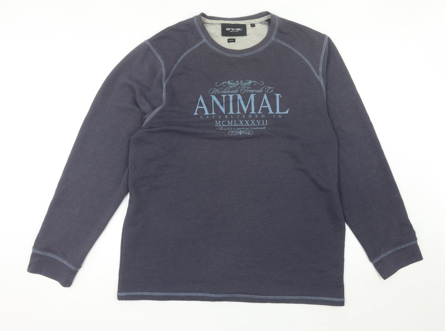 Animal Mens Blue Sweatshirt L Regular Fit Crew Neck Pullover