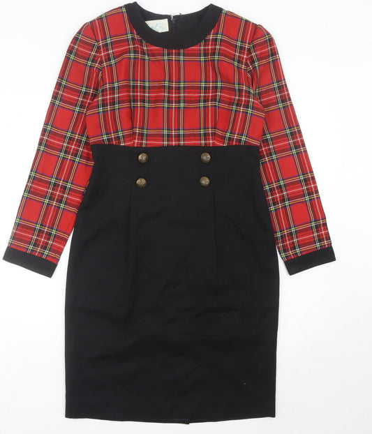 Santa Fe Women’s Red Black Checked Pencil Dress Size 8 Vintage Workwear