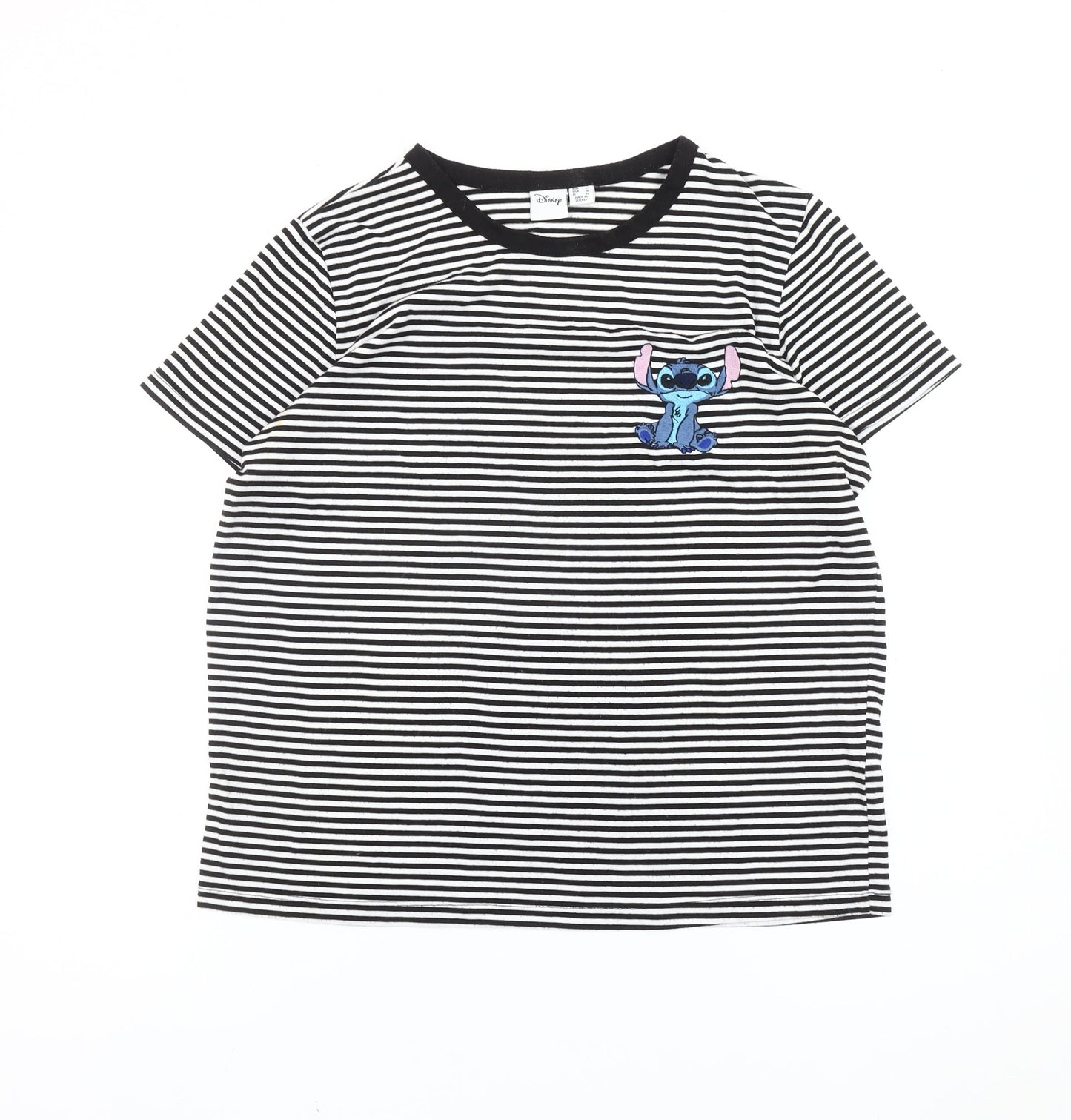 Disney Women’s Black Striped Stitch T-Shirt Size 14 Short Sleeve