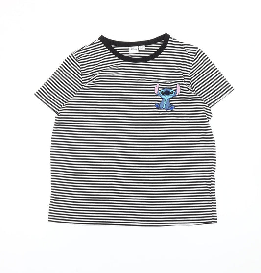 Disney Women’s Black Striped Stitch T-Shirt Size 14 Short Sleeve