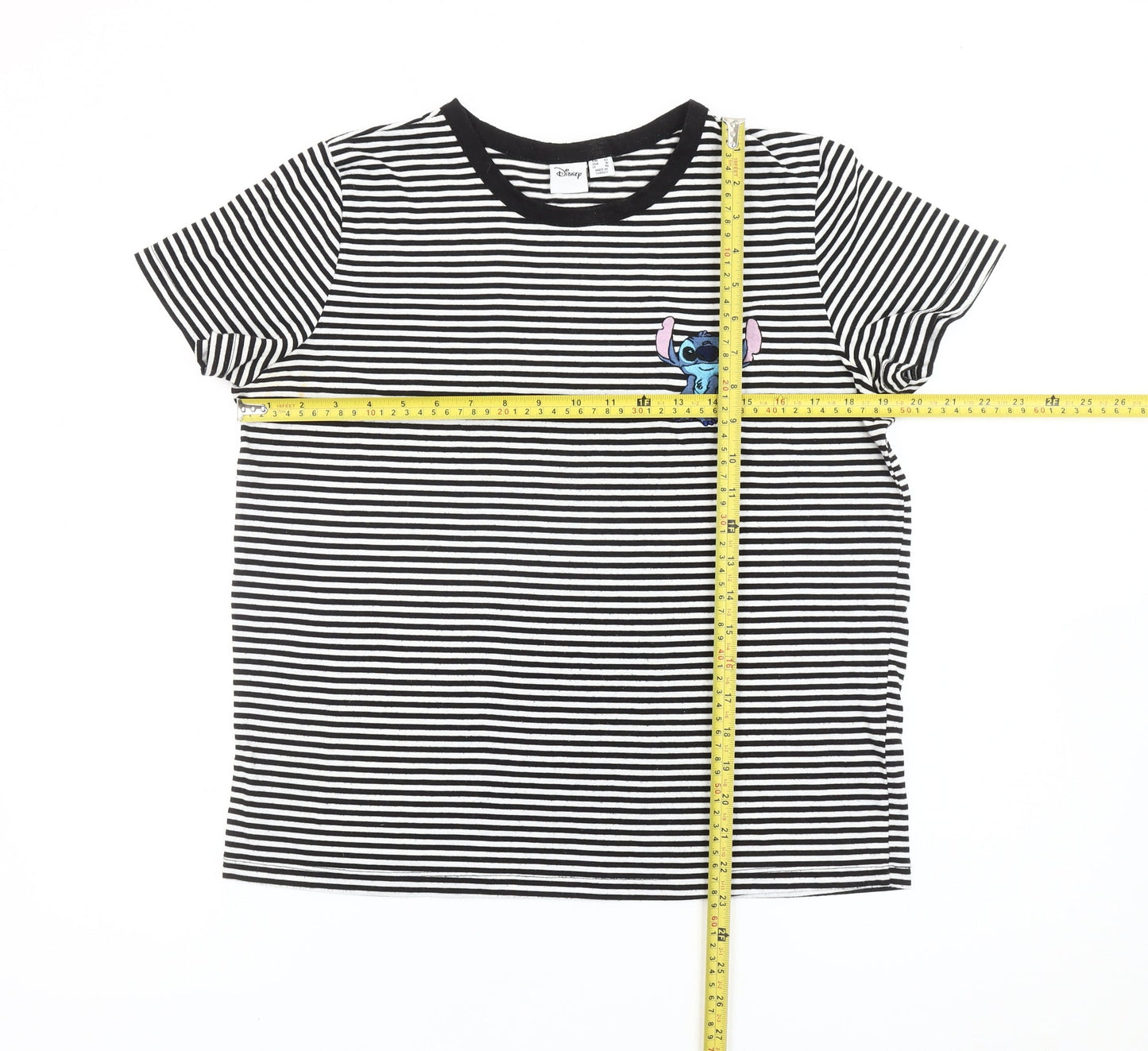 Disney Women’s Black Striped Stitch T-Shirt Size 14 Short Sleeve