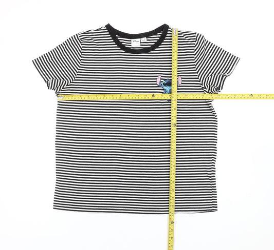 Disney Women’s Black Striped Stitch T-Shirt Size 14 Short Sleeve