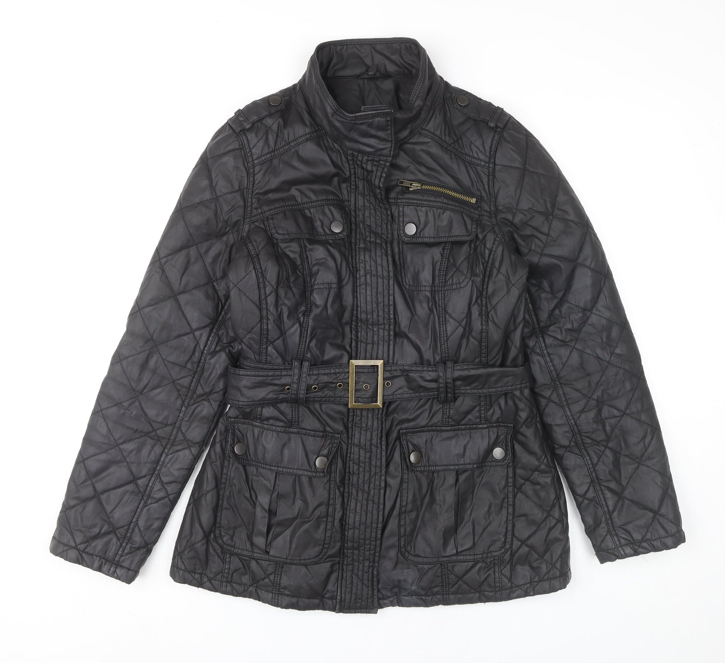 Marks and Spencer Womens Black Quilted Mid Length Belted Jacket UK 10