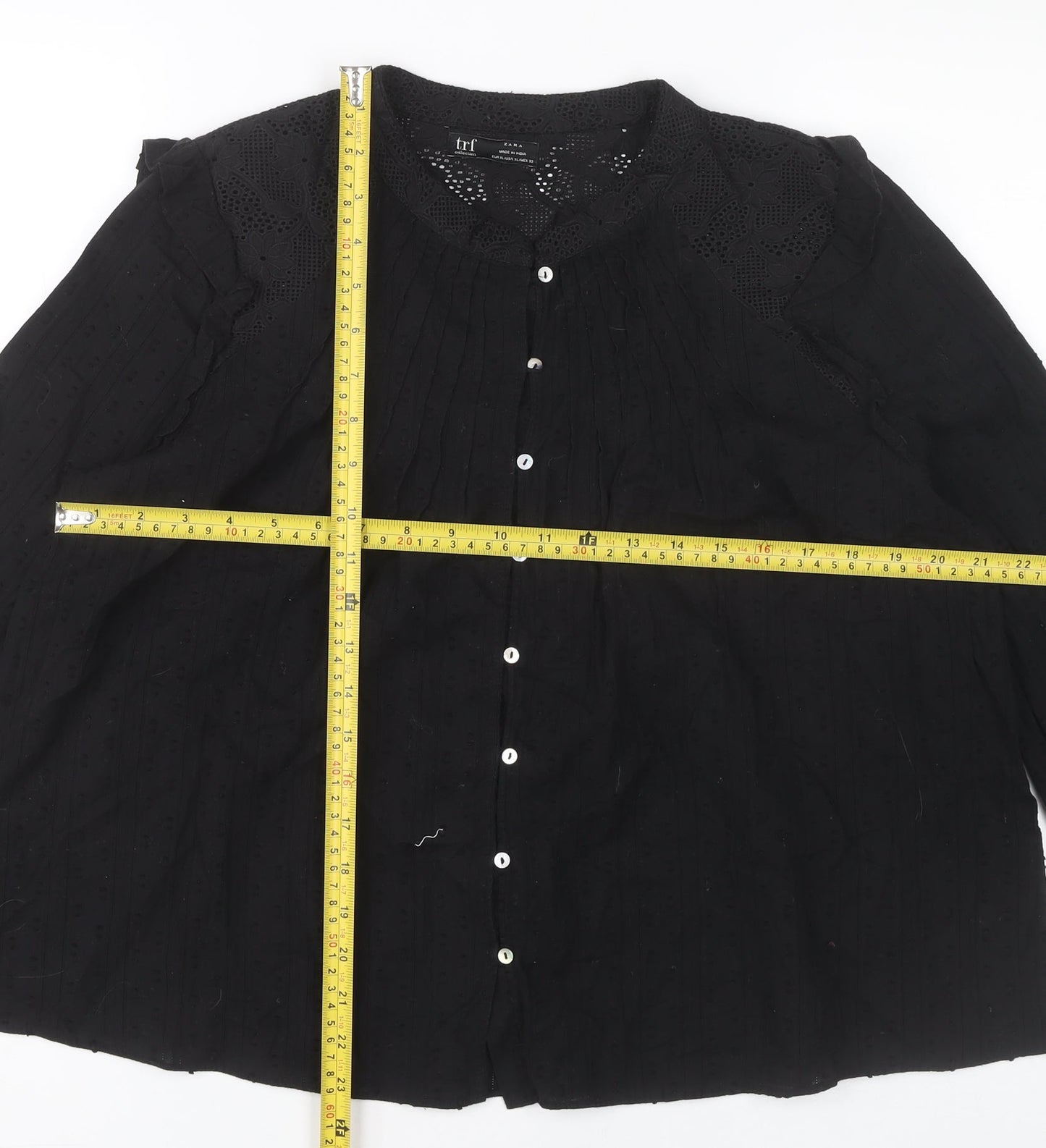 Zara Women Black Cotton Long Sleeve Button Blouse Size 14