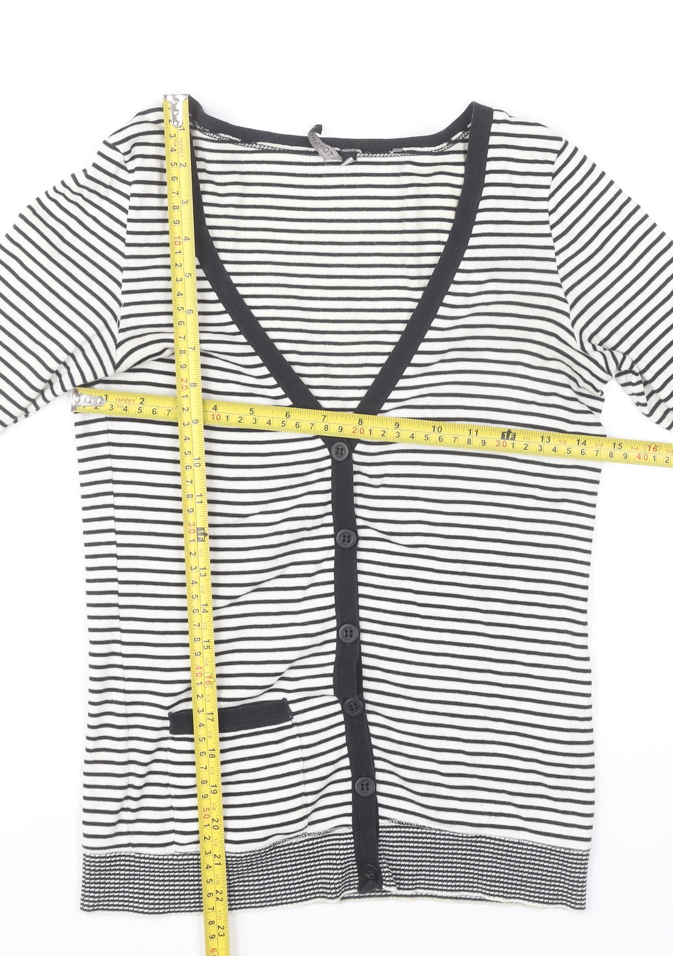 Topshop Women’s Black White Striped Cardigan Size 8 V-Neck 3/4 Sleeve