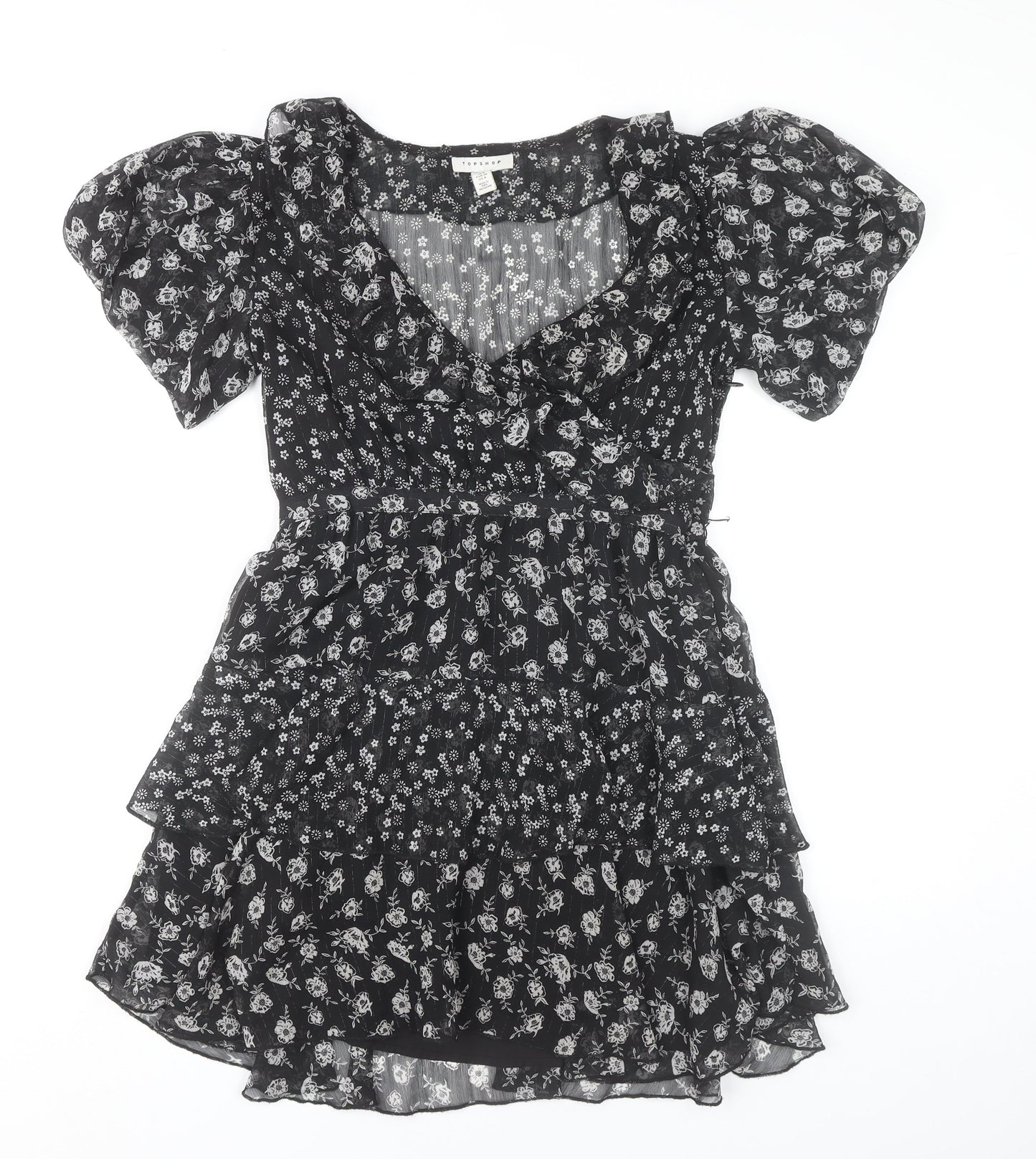 Topshop Women’s Black Floral Puff Sleeve Mini Dress Size 8