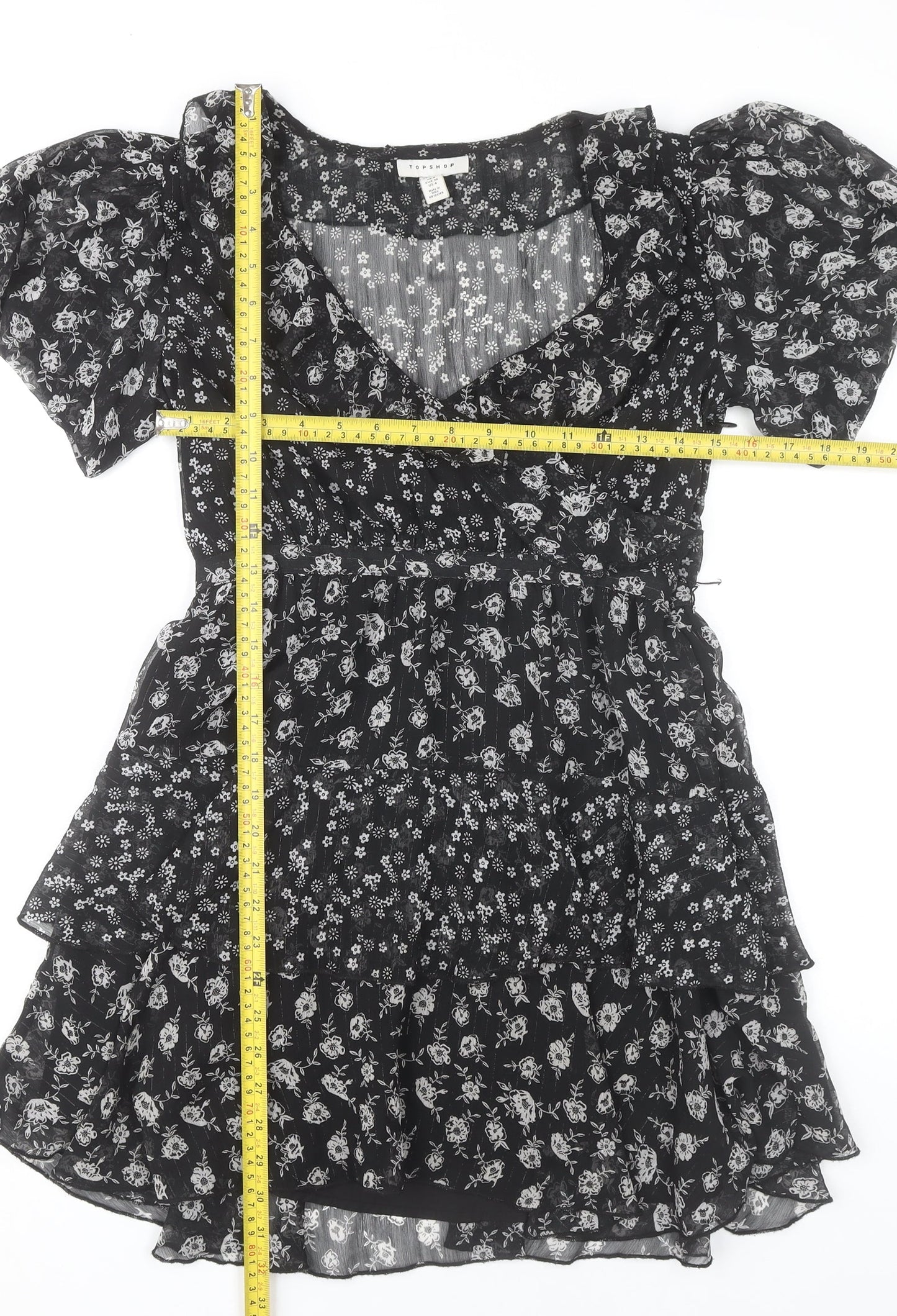 Topshop Women’s Black Floral Puff Sleeve Mini Dress Size 8