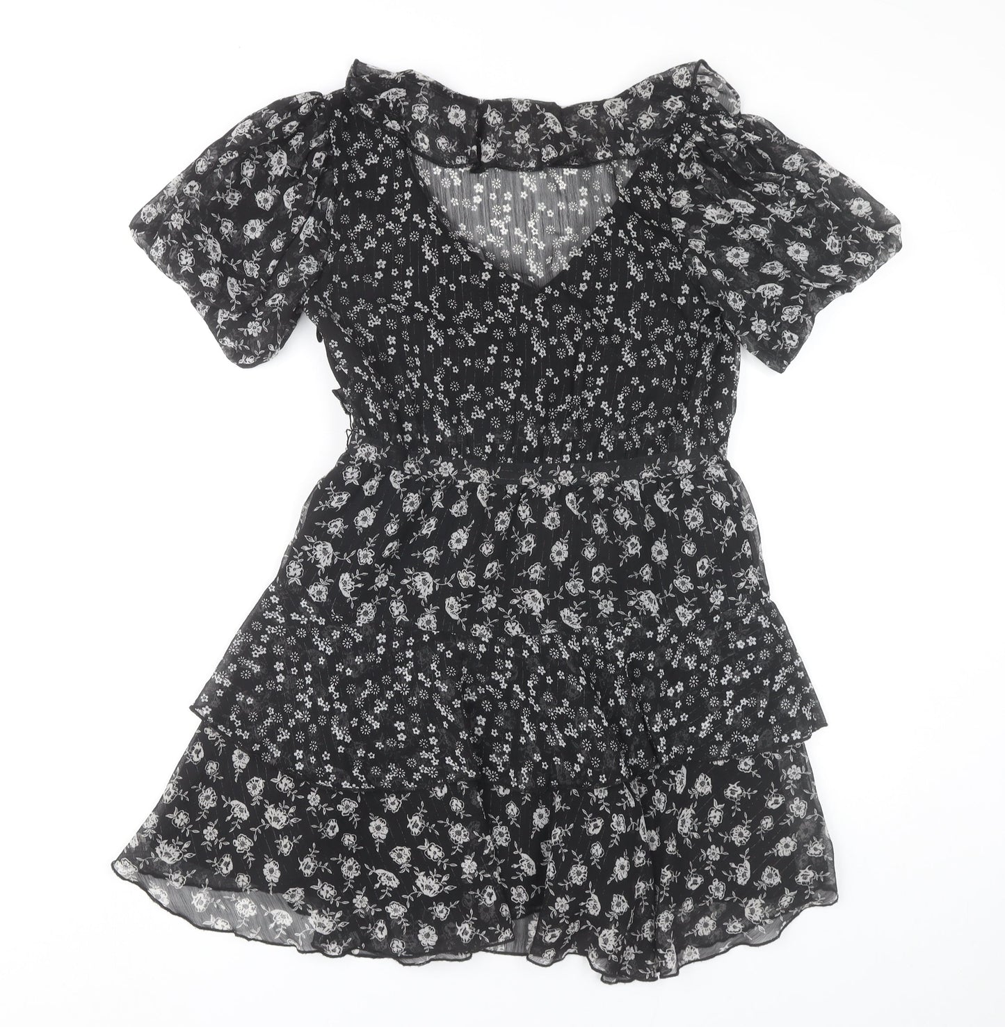 Topshop Women’s Black Floral Puff Sleeve Mini Dress Size 8