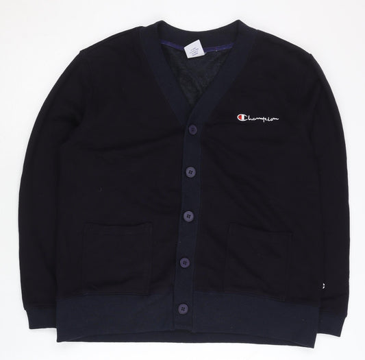Champion Men’s Black Cardigan Jumper Size L V-Neck Logo Cotton Blend