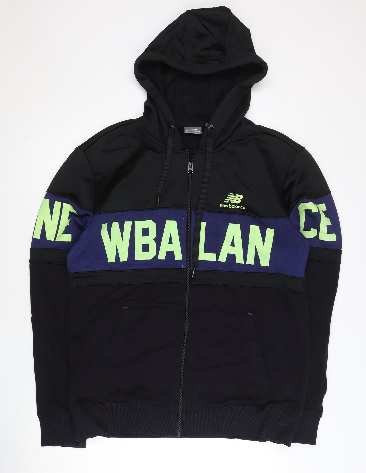 New Balance Mens 2XL Black Blue Graphic Full Zip Hoodie Sweatshirt