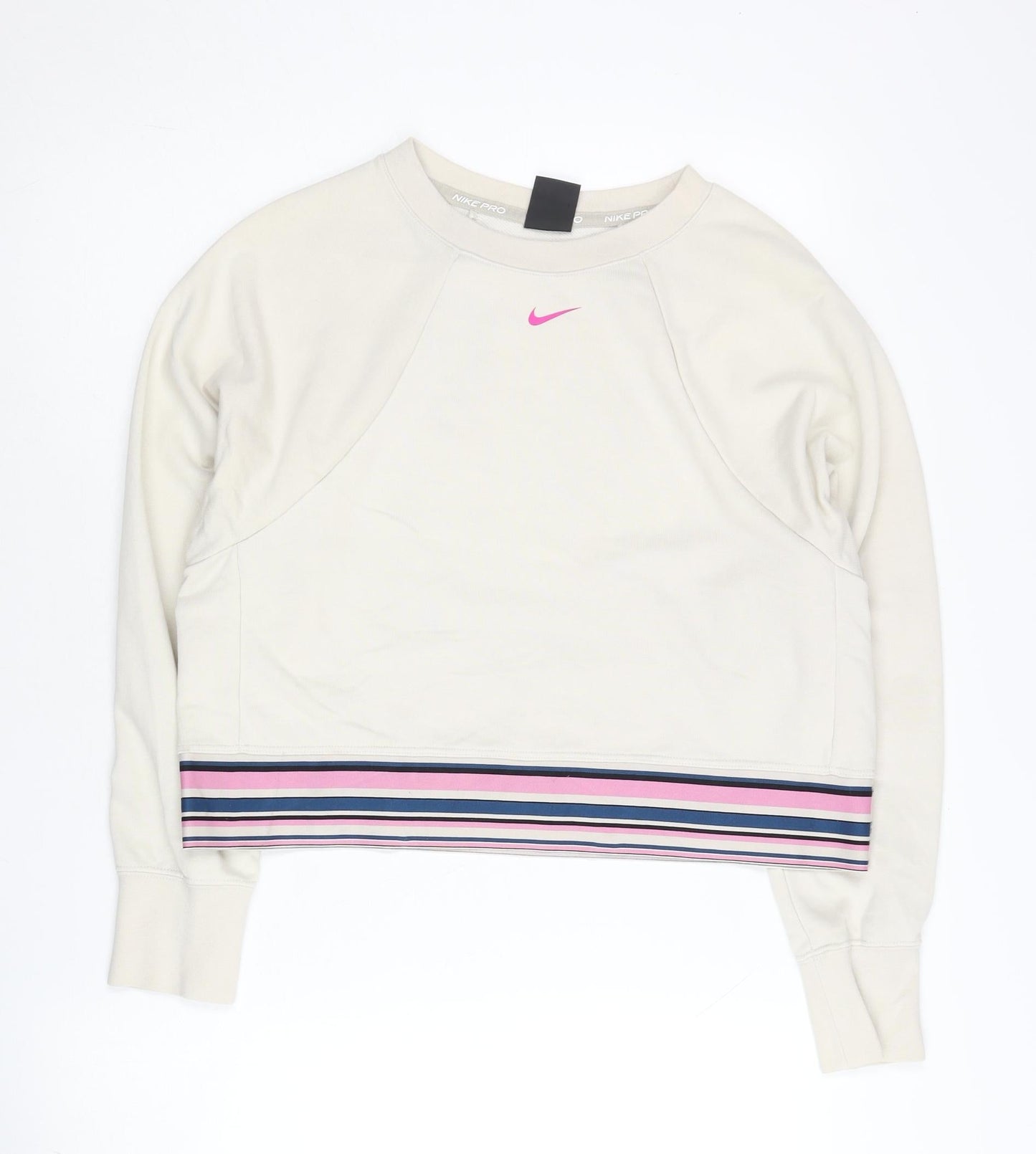 Nike Pro Women’s Beige Sweatshirt Medium Striped Hem Dri-FIT