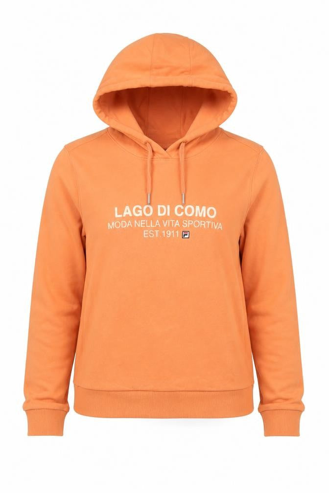 Front view of Fila Women’s Orange Pullover Hoodie, size UK 8, Logo Sportswear