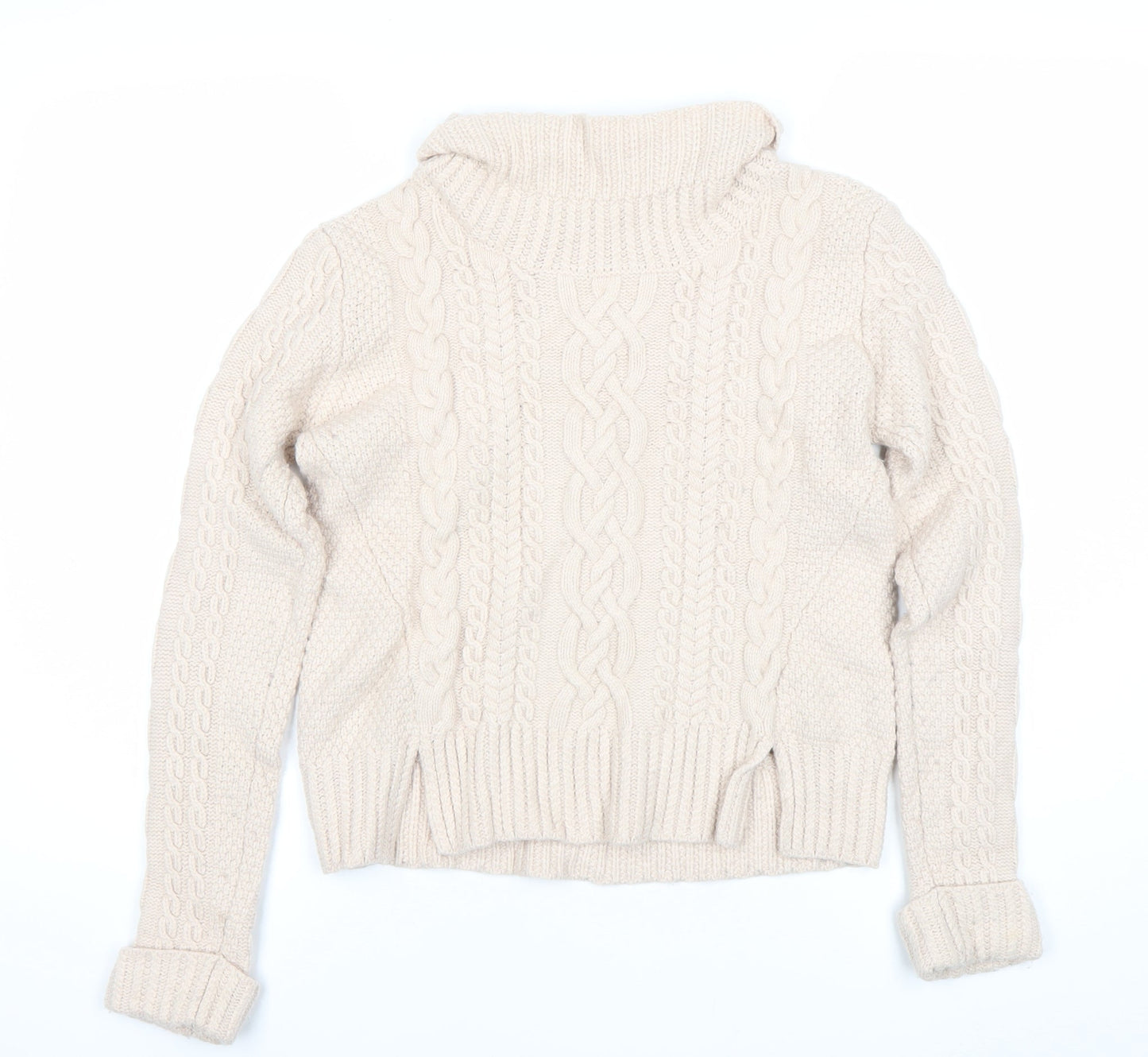French Connection Womens Beige Wool Roll Neck Cable Knit Jumper S