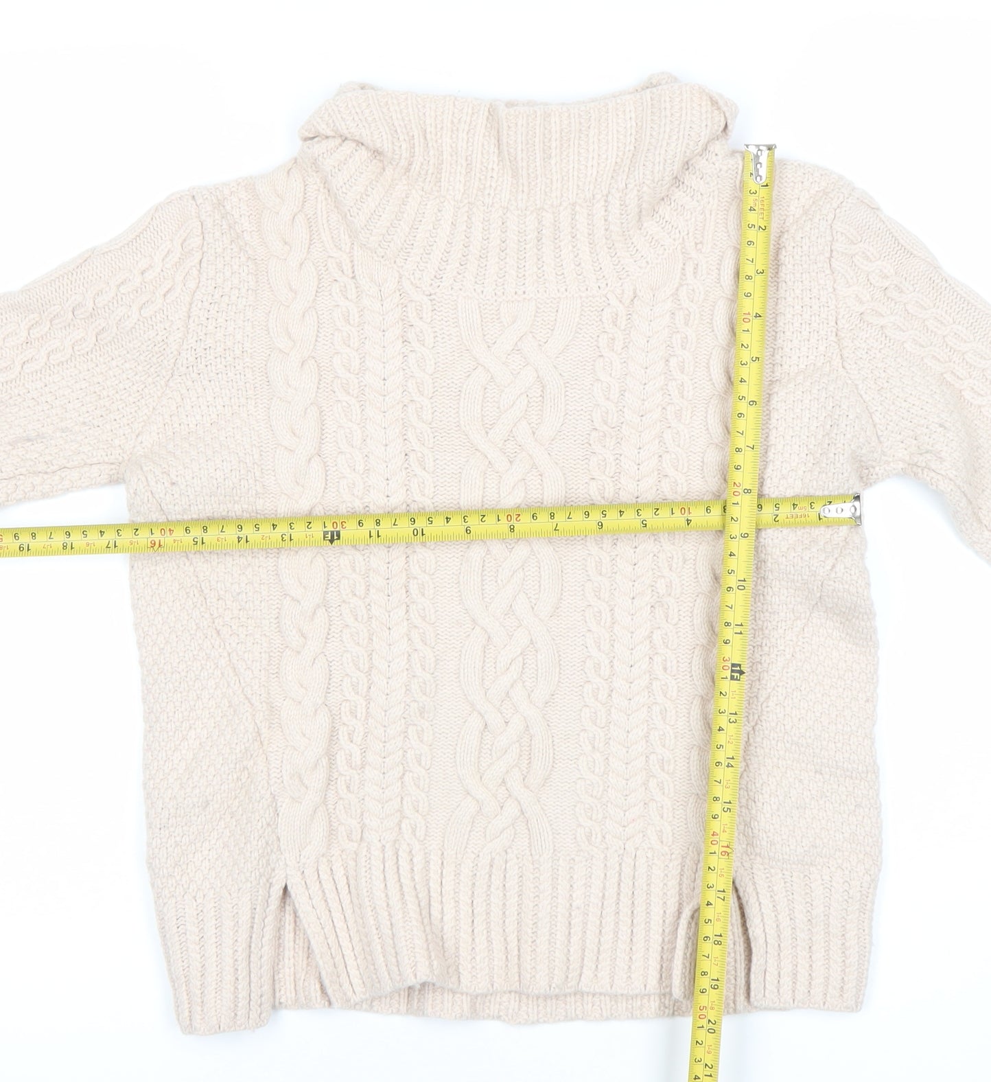 French Connection Womens Beige Wool Roll Neck Cable Knit Jumper S