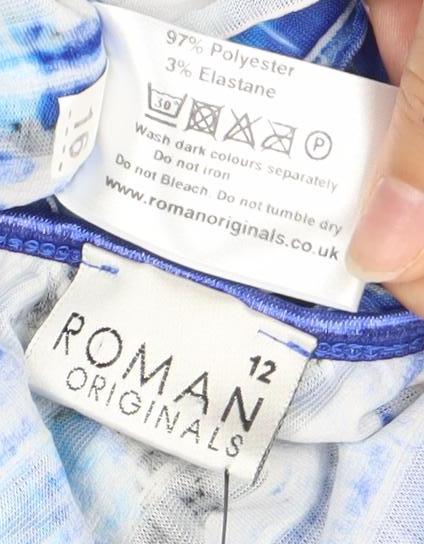 Roman Originals Womens Blue Floral Pleated T-Shirt Size 12