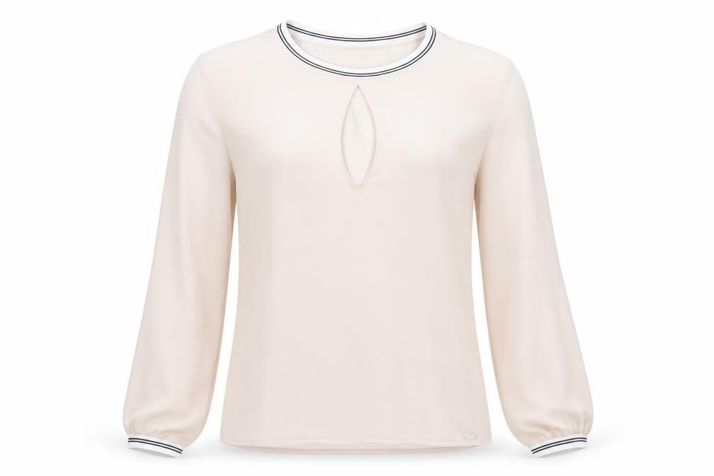 Front view of Guess women’s beige long sleeve chiffon blouse, size S
