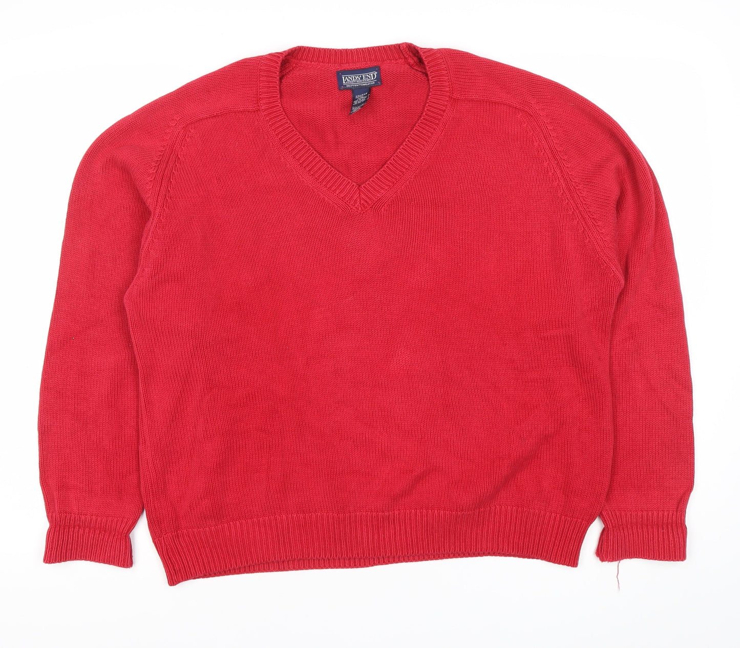 Lands' End Womens Red V-Neck Cotton Jumper L 14-16 Regular Fit