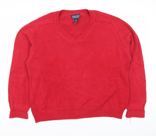 Lands' End Womens Red V-Neck Cotton Jumper L 14-16 Regular Fit