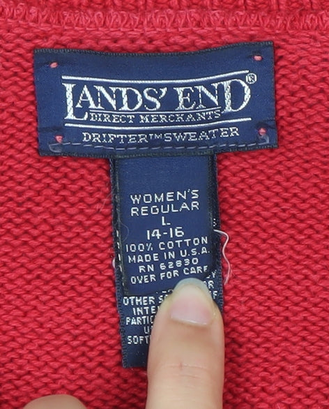 Lands' End Womens Red V-Neck Cotton Jumper L 14-16 Regular Fit