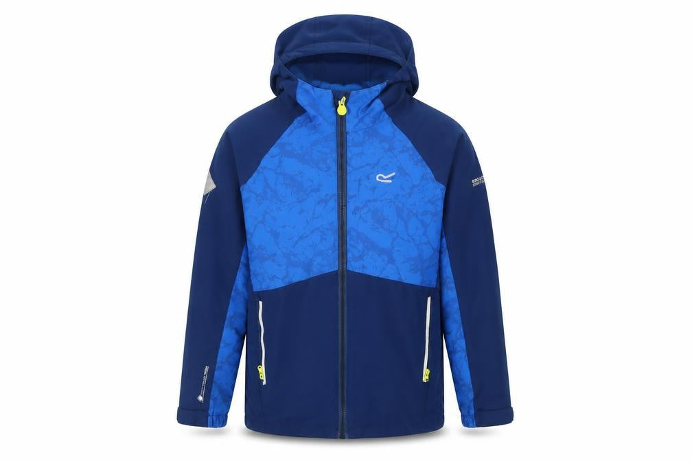Front view of Regatta boys’ blue soft shell hooded jacket 9-10 years water resistant