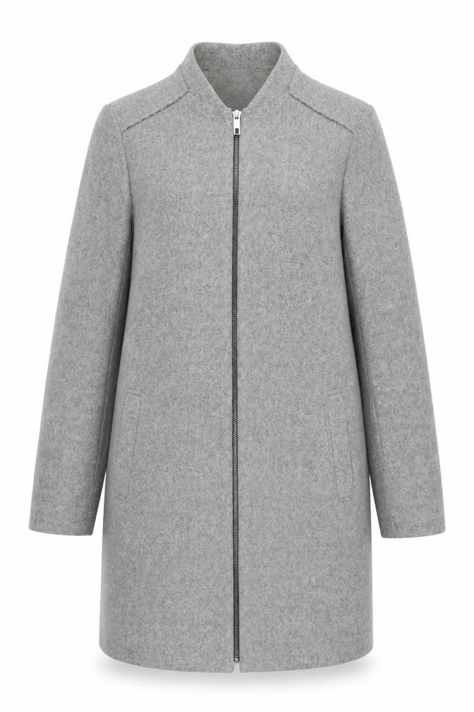 Front view of Principles women’s grey wool blend zip up overcoat, size UK 14, regular