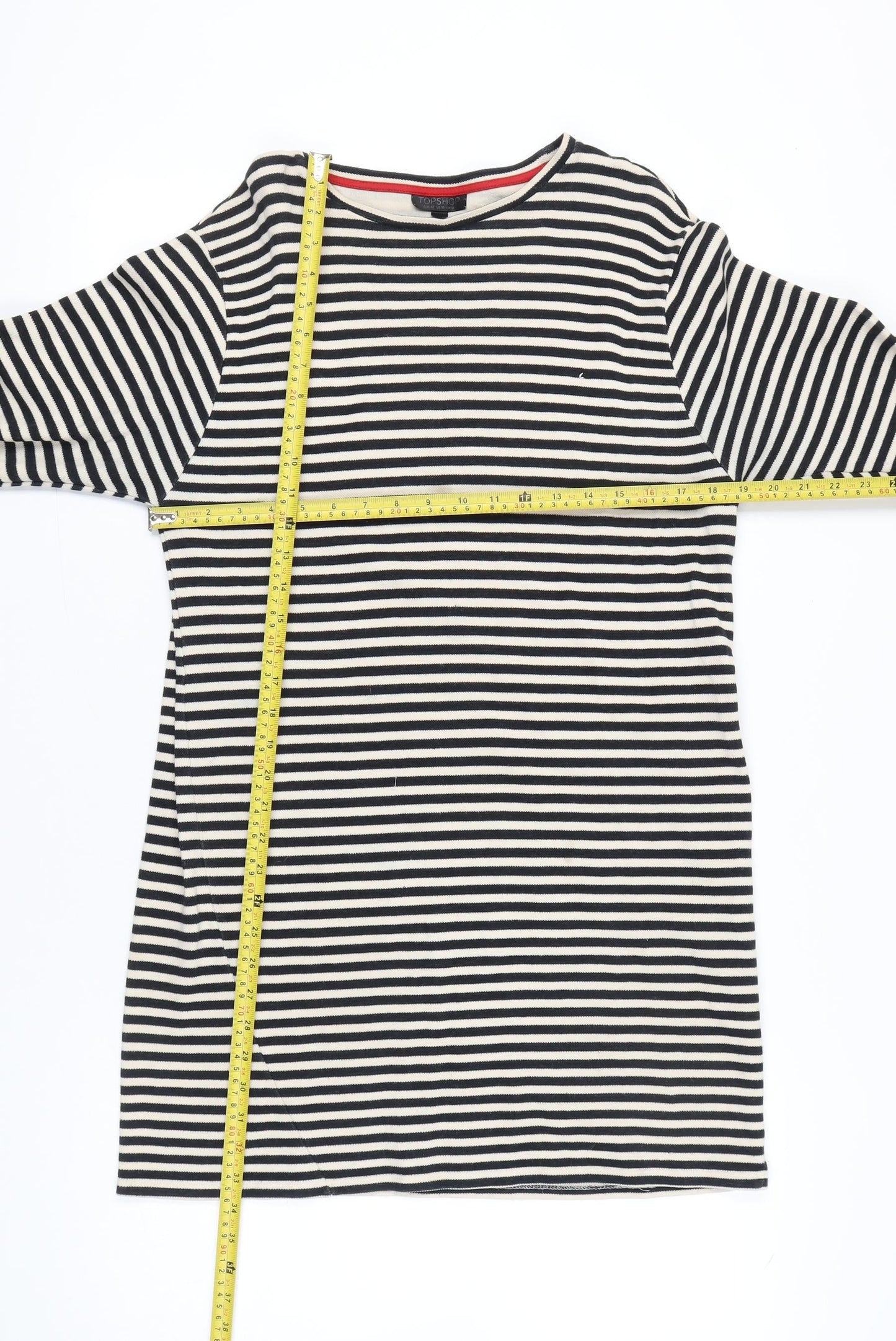 Topshop Women Black White Striped Shift Dress Size 14 Boat Neck